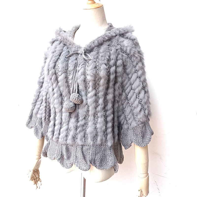 2024女装宽松春秋针织斗篷带帽真兔毛编织皮草套头披肩