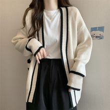 秋冬新款韩版宽松慵懒风中长款口袋学院时尚毛衣开衫女针织衫外套