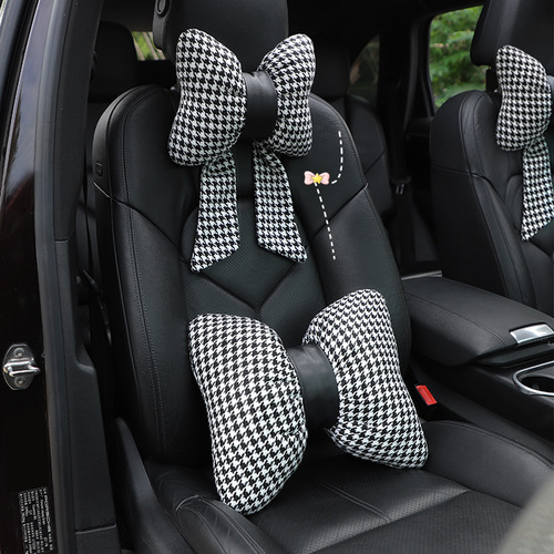 Car headrest, bow fashion houndstooth in-car neck pillow, creative all-season car lumbar support