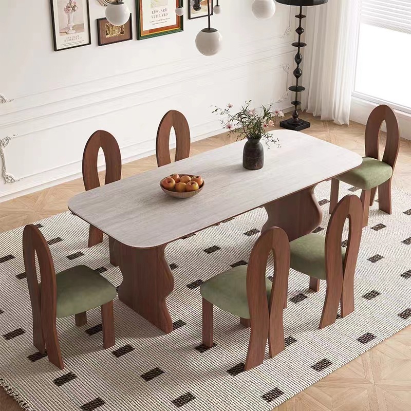 Home-Use Small Apartment Mid-Century Style Dining Table and Chair Set, Rectangular Dining Table, Slate Round Table, Solid Wood Dining Table and Chairs Set