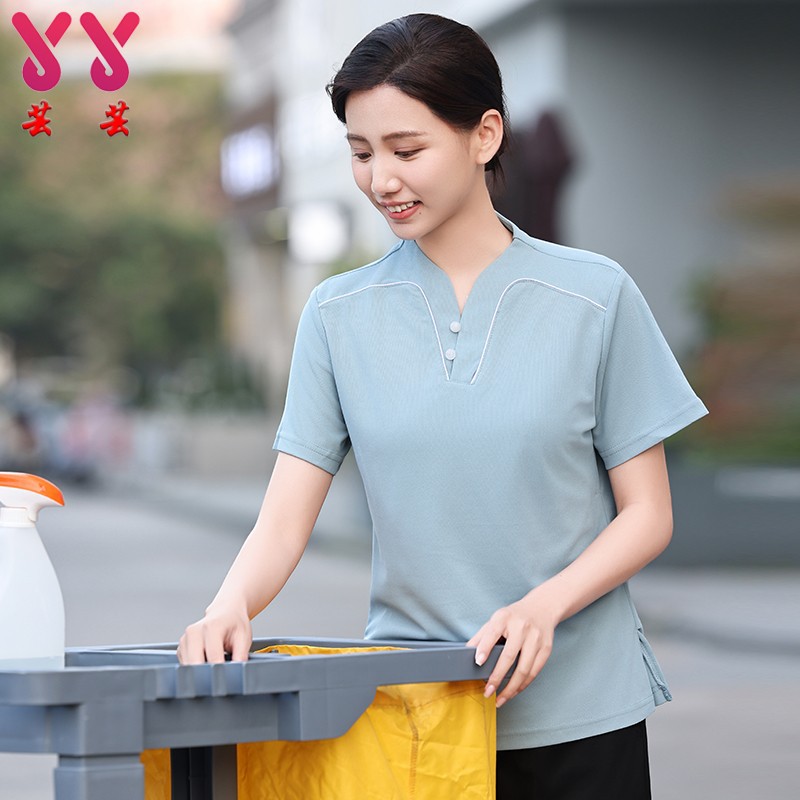 清洁阿姨夏季保洁工作服V领短袖星级酒店客房家政物业工装印LOGO