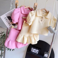 Children's Summer New Set Puff Sleeve Toddler Top Cute Fashion Collar Girl Short Sleeve Short Skirt Two-Piece Set