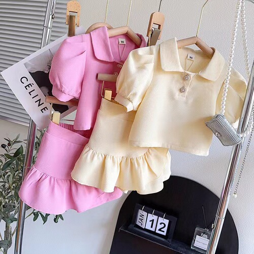 Children's Summer New Set Puff Sleeve Toddler Top Cute Fashion Collar Girl Short Sleeve Short Skirt Two-Piece Set