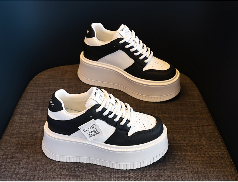Giày sneaker nữ đế bánh xốp tăng chiều cao bên trong, phối đơn giản mùa hè thu 2024 — Màu be, Màu đen chi tiết 5