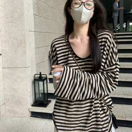 原版品质慵懒风条纹长袖防晒T恤女装新款U领宽松薄款外搭上衣口袋