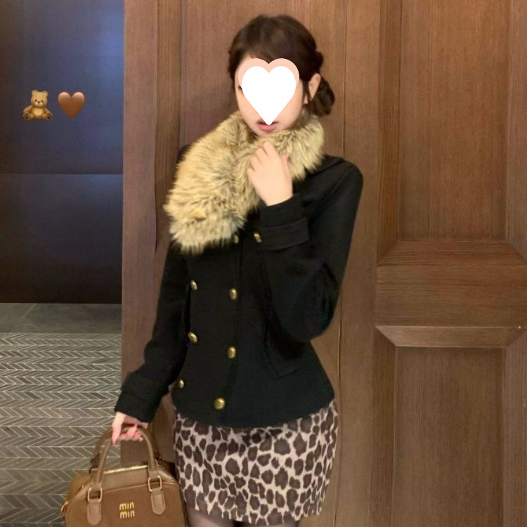 古早感vintage穿搭黑色西装毛呢外套秋冬新款高腰豹纹半身裙套装
