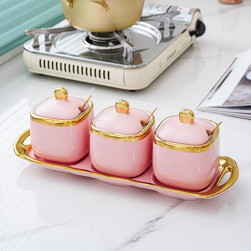 Luz nórdica de lujo cerámica condimento tarro condimento caja creativa sal tarro condimento caja combinación traje de almacenamiento tarro cocina suministros