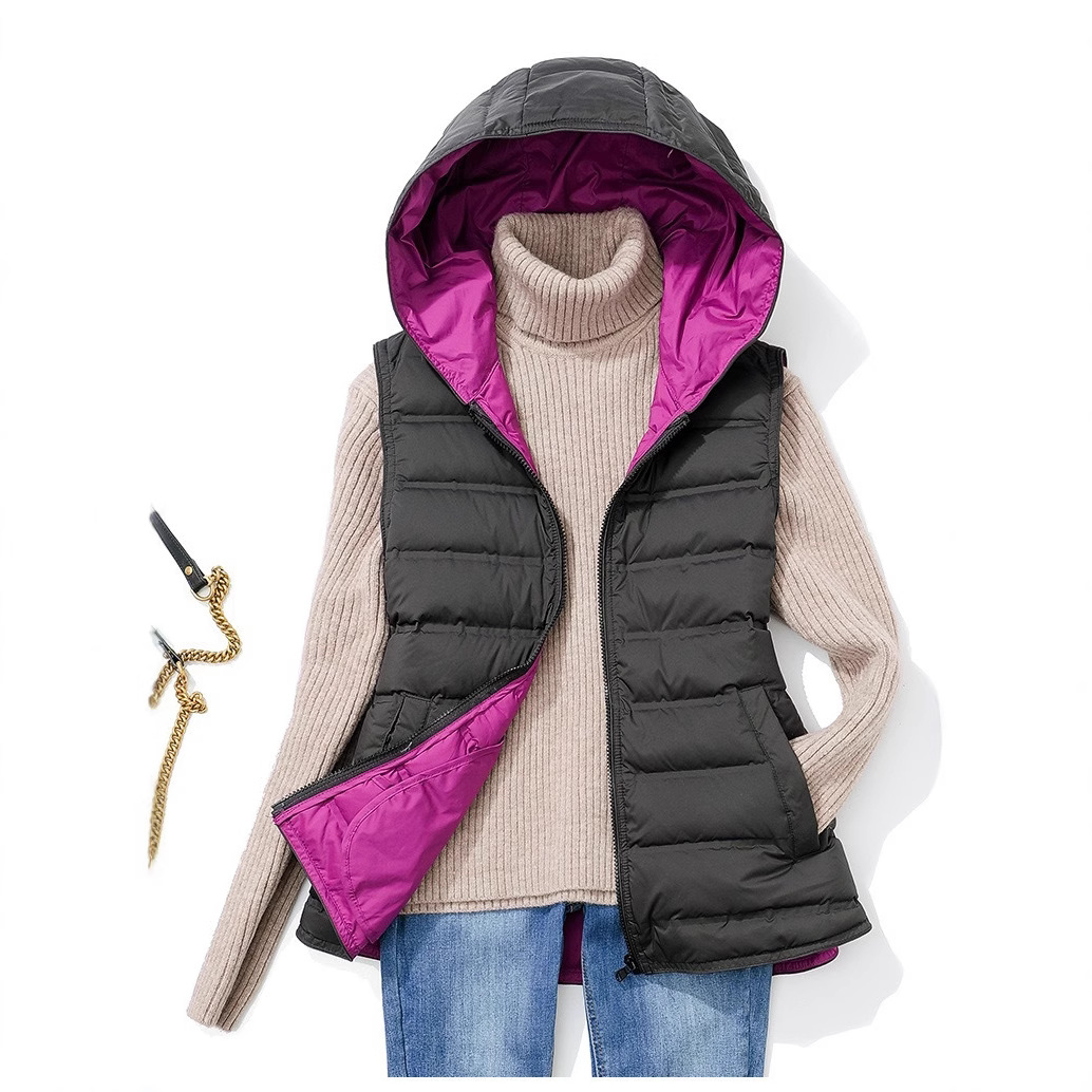 跨境秋冬无缝压胶轻薄羽绒服马甲女短款轻便内搭连帽双面穿背心潮
