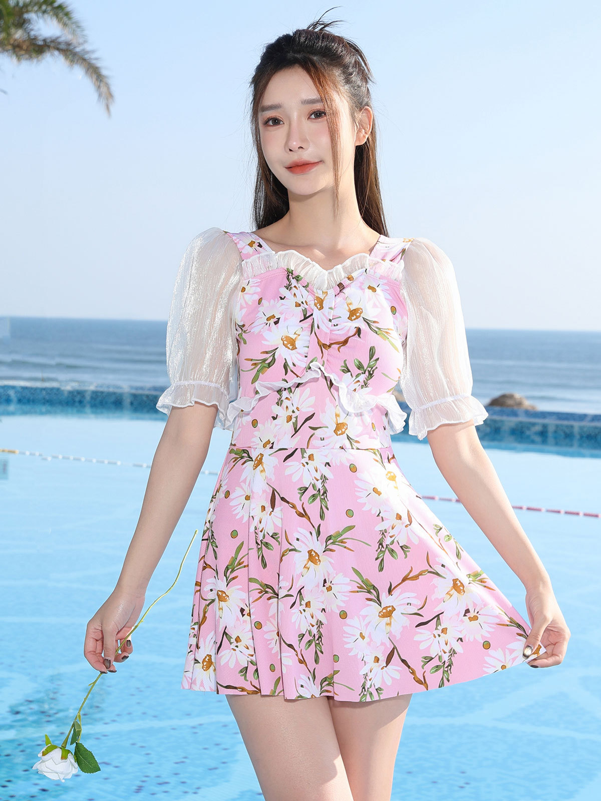 trajes de baño para mujeres 2024 nuevo hilo de malla media manga ligero cubrir el vientre para adelgazar trajes de baño conservadores de mujer spa