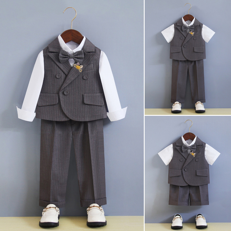 Children's suit suit autumn and winter British striped suspender pants three-piece suit baby's one-year-old flower girl host costume