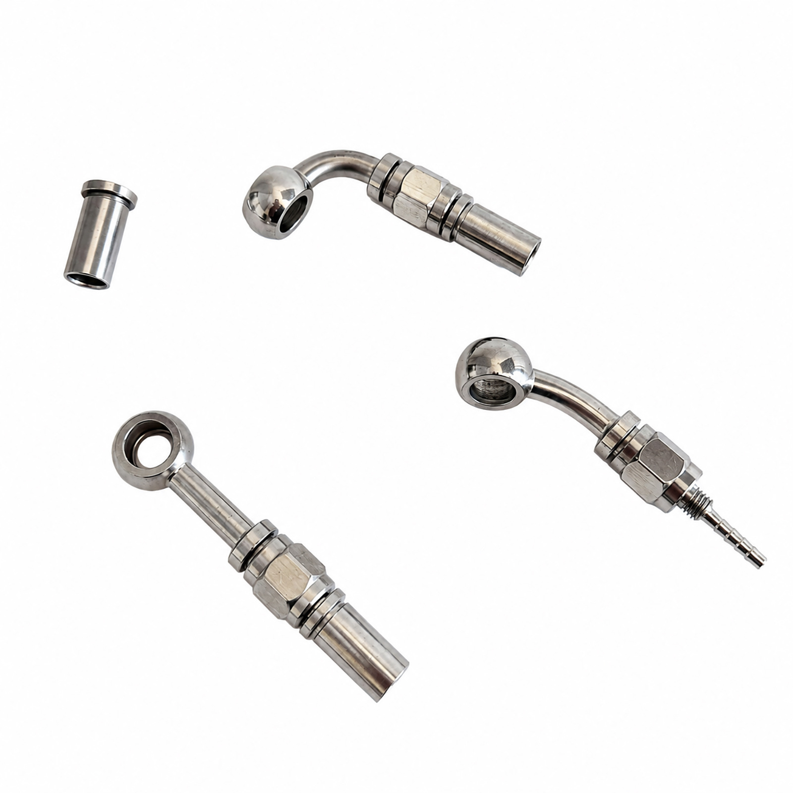 M10 stainless steel fish-eye 4-piece set of connectors 0/28/90 degree brake hose coupler with threaded integrated crimping connector