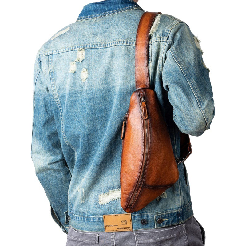 Personalized Shape Top Layer Cowhide Tree Cream Cowhide Men's Casual Crossbody Bag Chest Bag