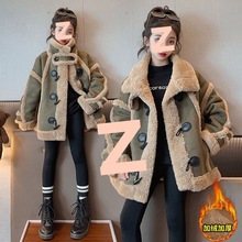 女童羊羔毛外套2025秋冬中大童呢子大衣鹿皮绒皮毛一体加厚机车服