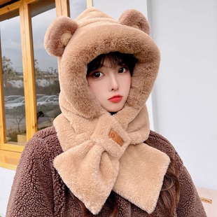 Hat and Scarf All-in-one Hat Fleece-lined and Thickeneded Cute Cycling Student Warm Ear Protection Neck Scarf Hat Women's Plush Winter Hat