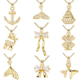 跨境个性小众帆船鱼尾麋鹿蝴蝶结纯铜微镶项坠项链饰品时尚锁骨链