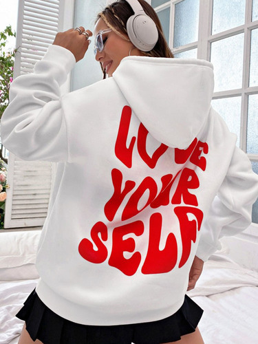 Ladies Fleece Hooded Sweatshirt with Letter Print on Back, Casual Hooded Sweatshirt, Origin Style Top, Korean Style