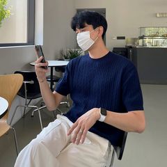 MYQ オールドマネースタイルツイスト半袖セーター Tシャツ夏メンズ韓国ルーズラウンドネックニット Tシャツ半袖