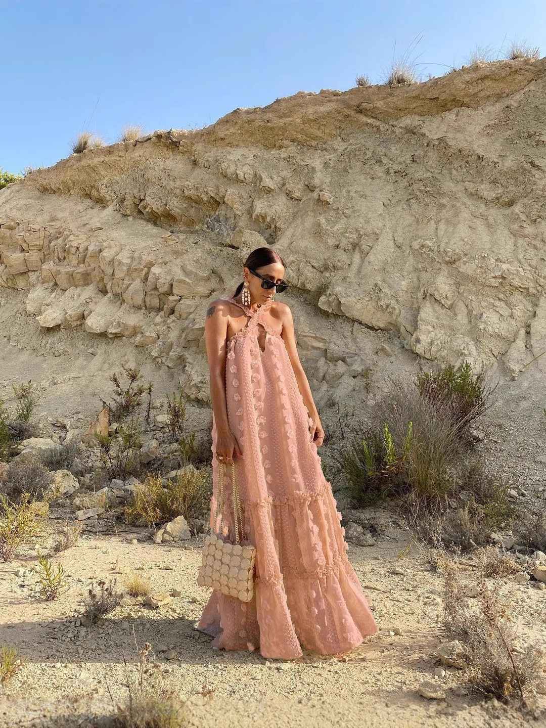 Amazon nouvelle mode transfrontalière européenne et américaine col licou fleur tridimensionnelle jupe ample robe de gâteau décontractée longueur au sol