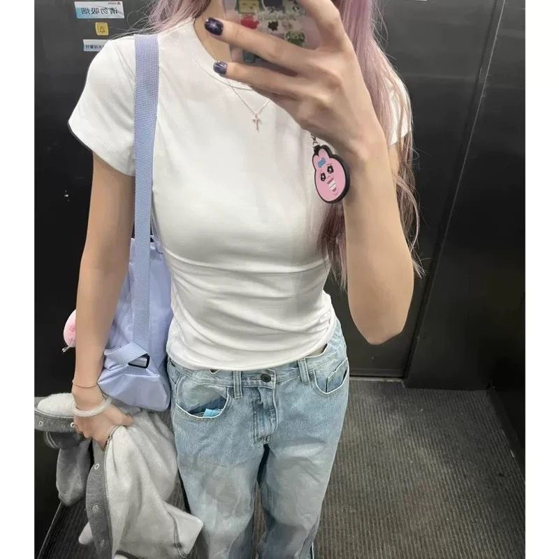 Black Bottoming Tight White Inner Clothing Short-Sleeved Women's T-Shirt 2025 New Summer Right Shoulder Half-Sleeved Slim Top