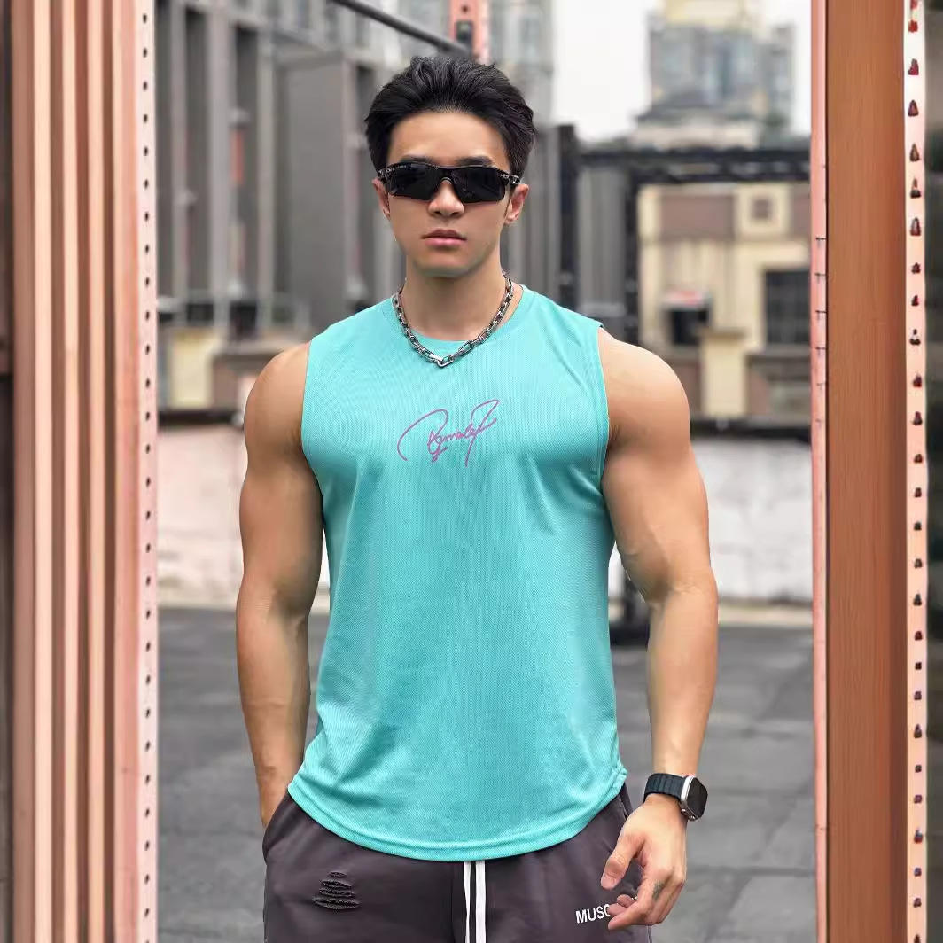 Summer New Trendy Men's Pullover Round Neck Mesh Base Shirt Sports Fitness Top Sleeveless Vest Temperature Change