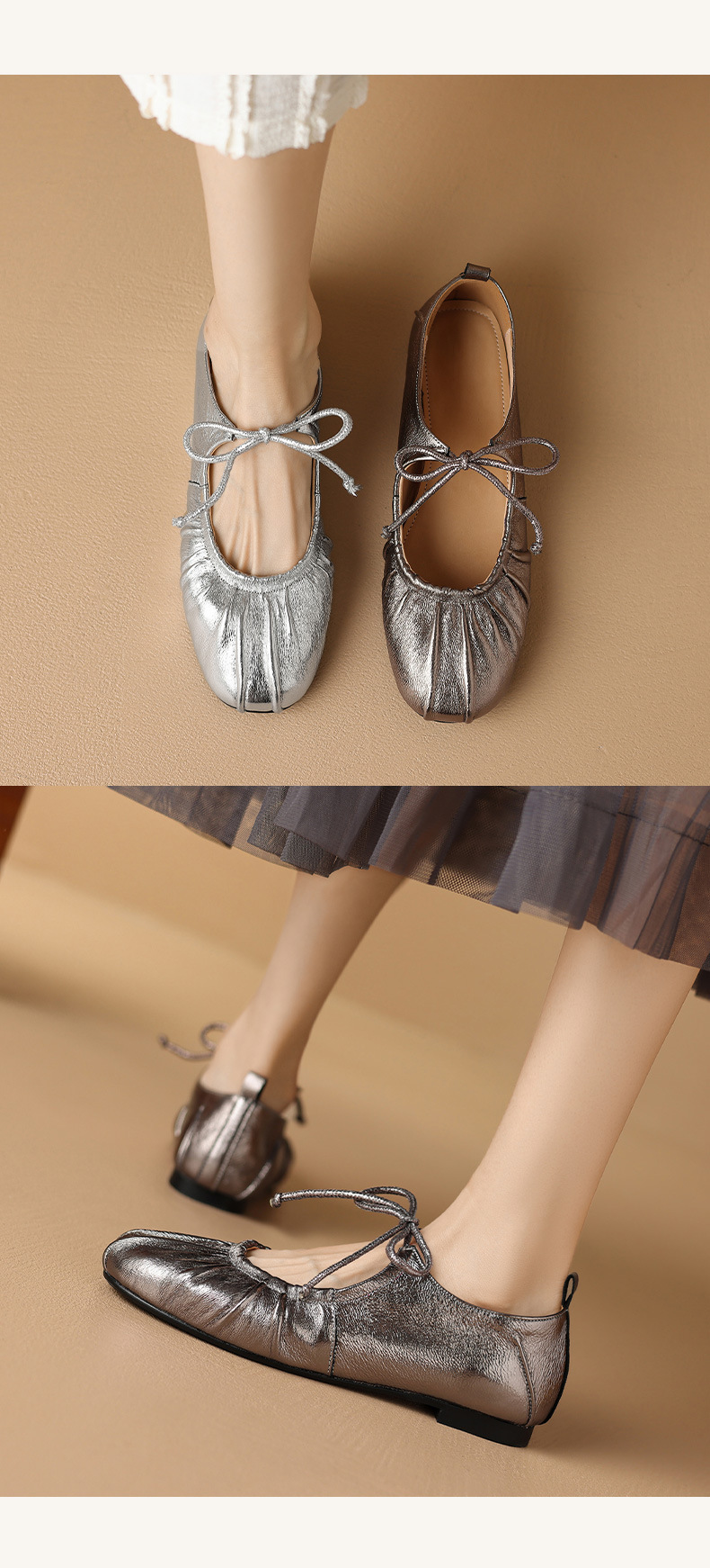 Giày ballet nữ da cừu mềm mũi tròn đế bệt xếp ly nơ buộc dây — Màu súng chi tiết 8