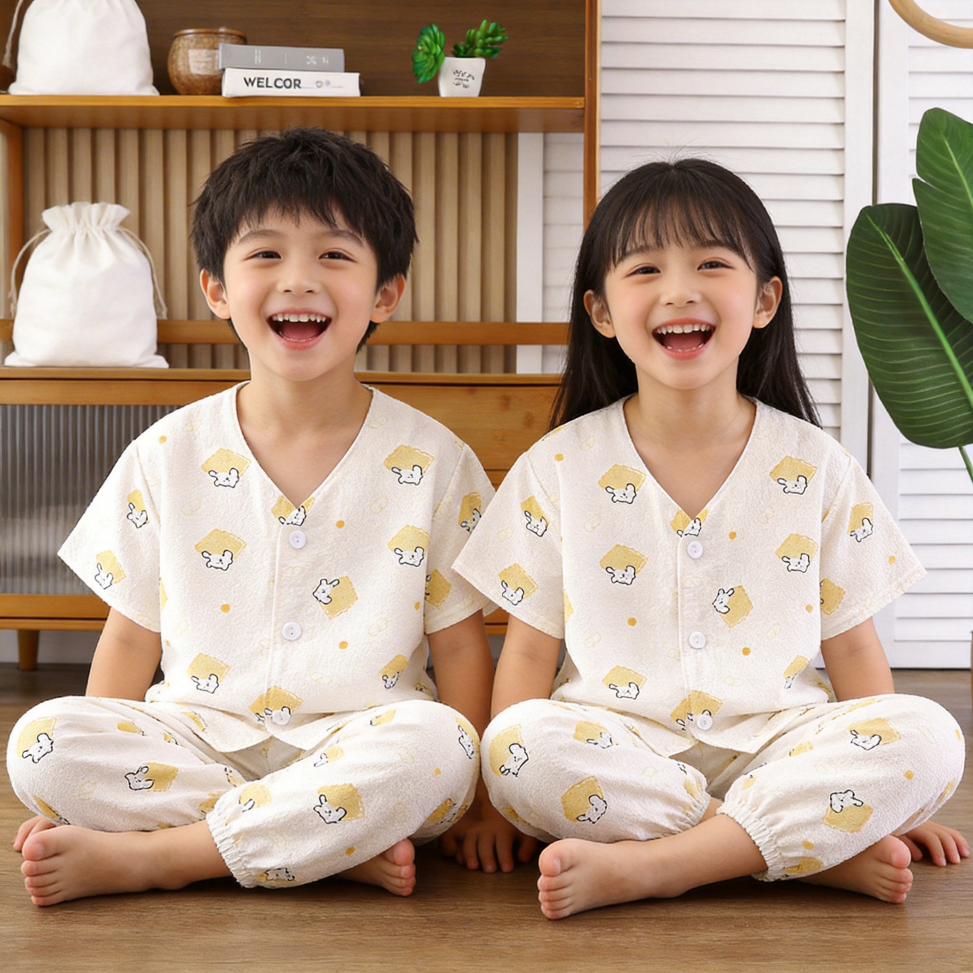 Pijamas infantiles de verano para padres y niños de manga corta set de pantalones de siete puntos para niños y niñas de cuello V ropa delgada para el hogar pijamas para bebés