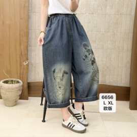 2026夏新品 韩版卡通印花牛仔裤女 松紧腰宽松显瘦大码八分裤6656