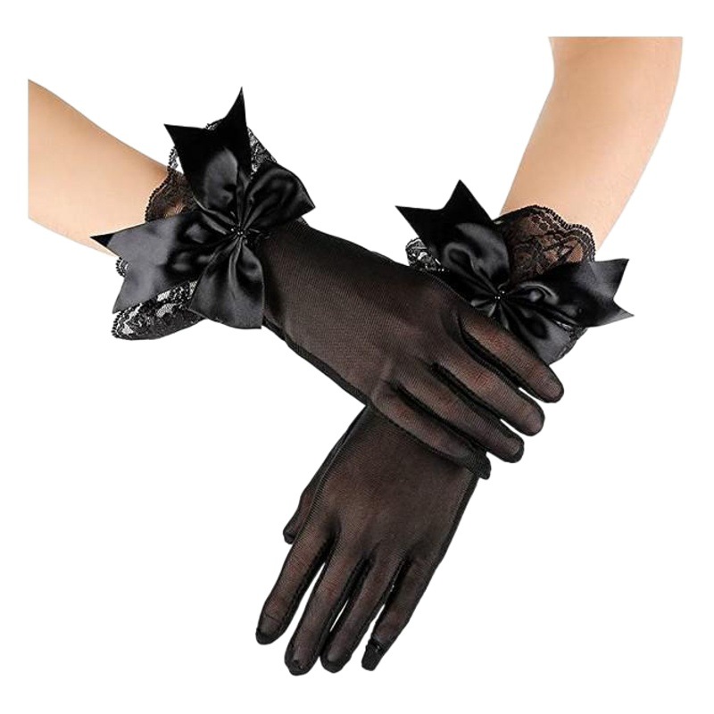 Venta al por mayor de novia vestido de novia guantes de malla corta de encaje negro guantes de arco