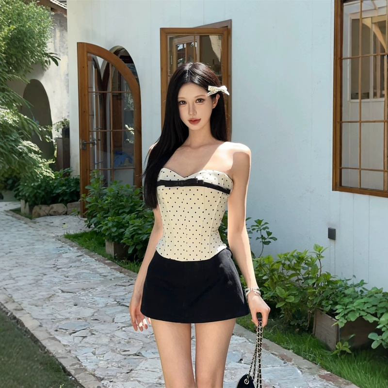 Black and White Polka Dot Spicy Girl Pure Desire Birthday Waist-Cinching Slimming Fishbone Bow Tube Top A-Line Short Skirt Women's Set