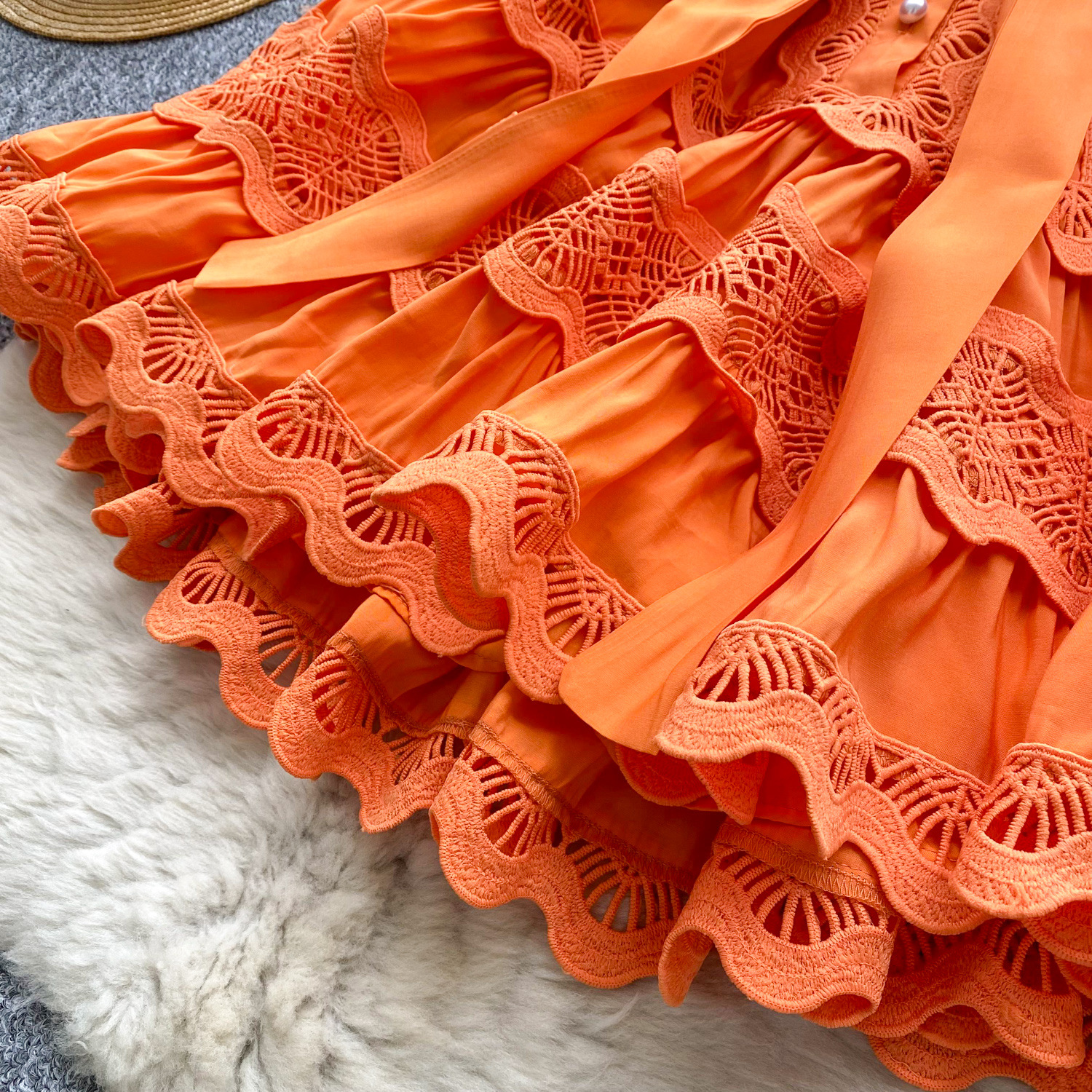 Women's Clothing Retro Palace Fashionable Lace Splicing Tie Waist Dress Lantern Sleeve Slim Temperament A Line Skirt_ecoleips.com