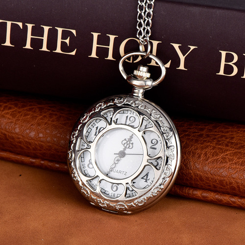 Quartz Large Silver Petal Quartz Pocket Watch, Retro Pocket Watch Wholesale, Factory Wholesale Pocket Watch 8141