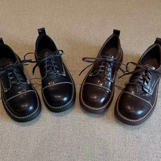 羊皮英伦学院风复古系带百搭时尚中跟单鞋女粗跟乐福鞋