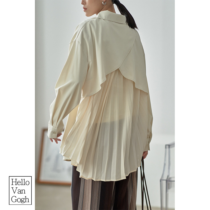 2025 Spring New Design Sense Back Cross Elegant Pleated Chiffon Long Sleeve Loose Long Shirt z5250