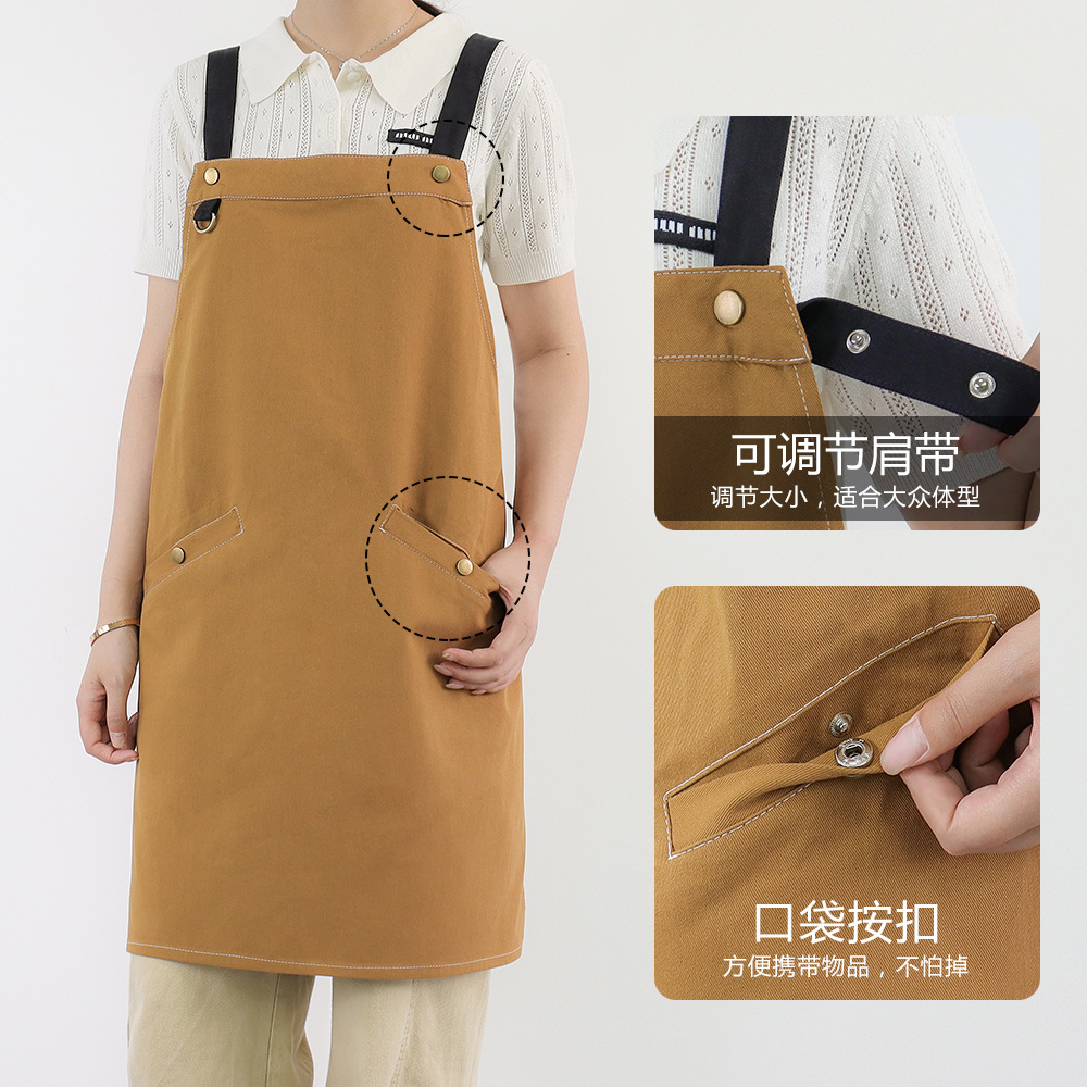 Delantal de algodón transfronterizo personalizado logotipo de botón de bolsillo diagonal correa ajustable camarero ropa de trabajo delantal doméstico