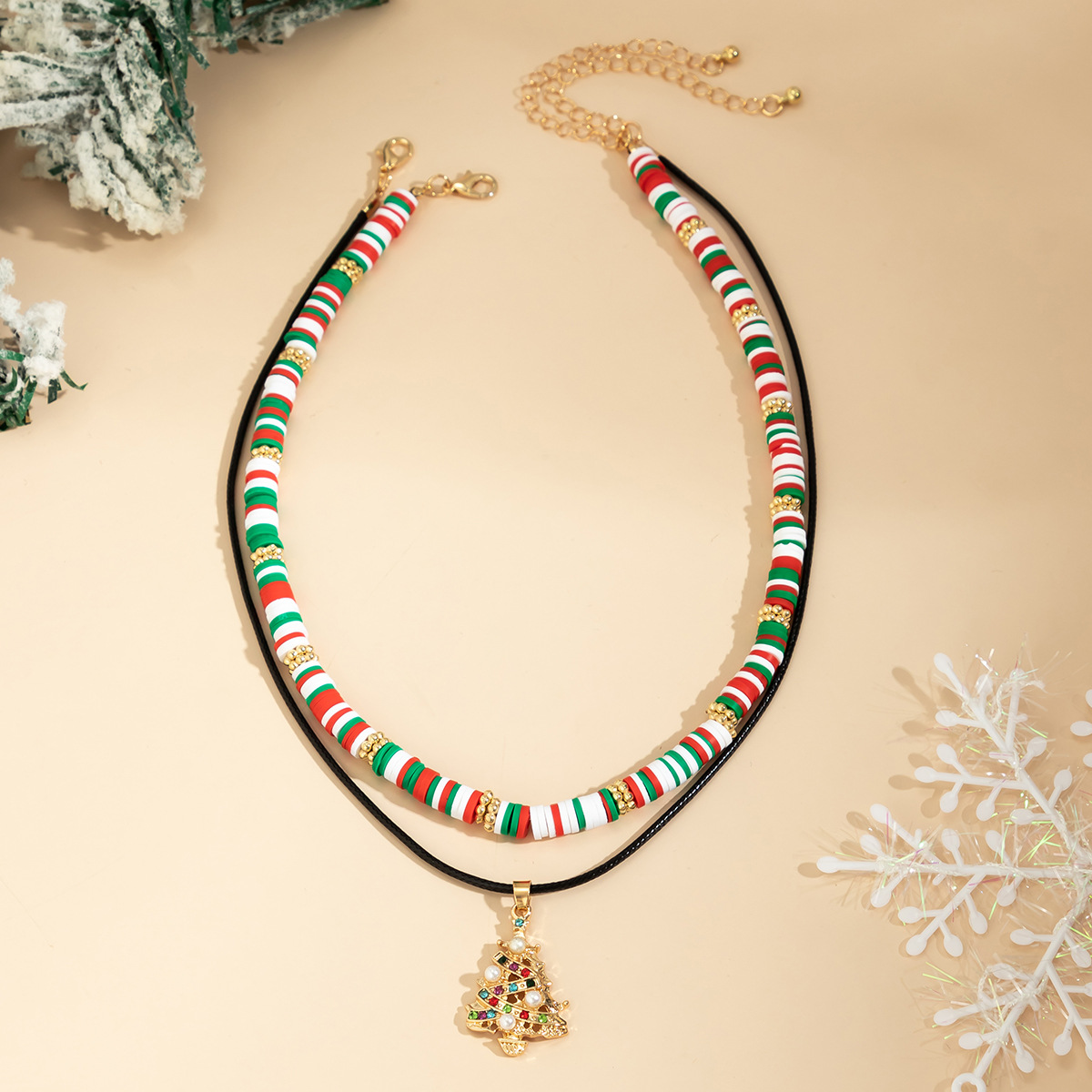 Christmas Beaded Choker Necklace With Crystal Snowman Charms_voghion.com