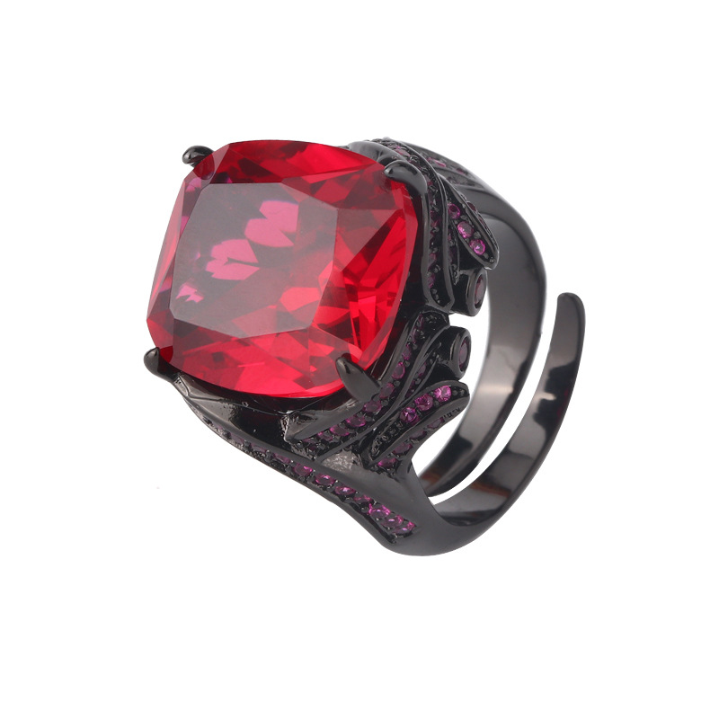 2024 Nueva Zhuang Sheng joyería de cobre inferior chapado en oro de simulación de grasa corindón rectangular de Oro Negro anillo de la personalidad femenina 14*16