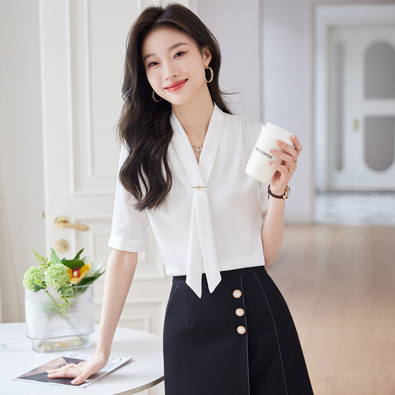 Suit bottoming shirt inner white shirt women's high-grade professional formal wear interview V-neck lace-up chiffon short sleeve shirt