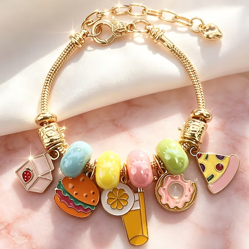 Healing-Style Cartoon Food Snake Bone Bracelet with Candy-Colored Beads and Hamburger Pendant, Niche Cute Everyday Gift Bracelet