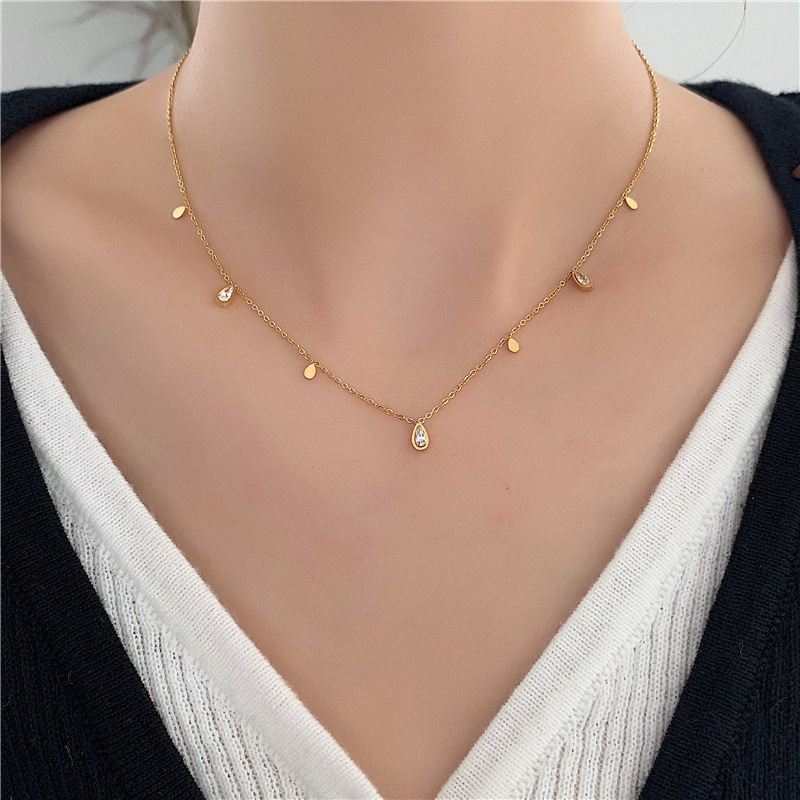 Necklace Classification 304 Stainless Steel Chain Material 1 Piece Quantity Simple Style Water Droplets Titanium Steel Inlay Zircon Necklace