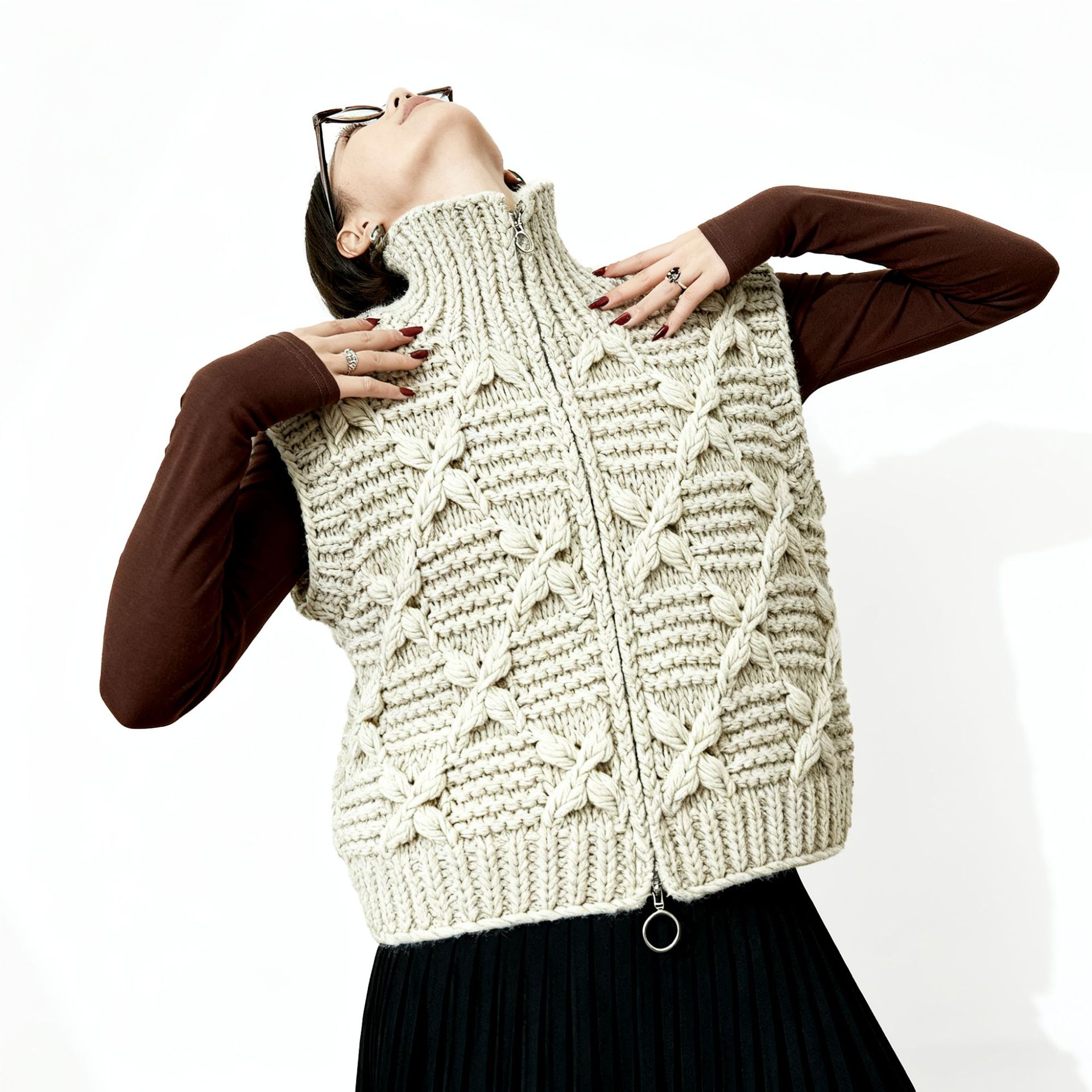 Cross-Border Women's Crochet Sweater Vest Zipper Cardigan Sleeveless Knitwear Mohair Knit