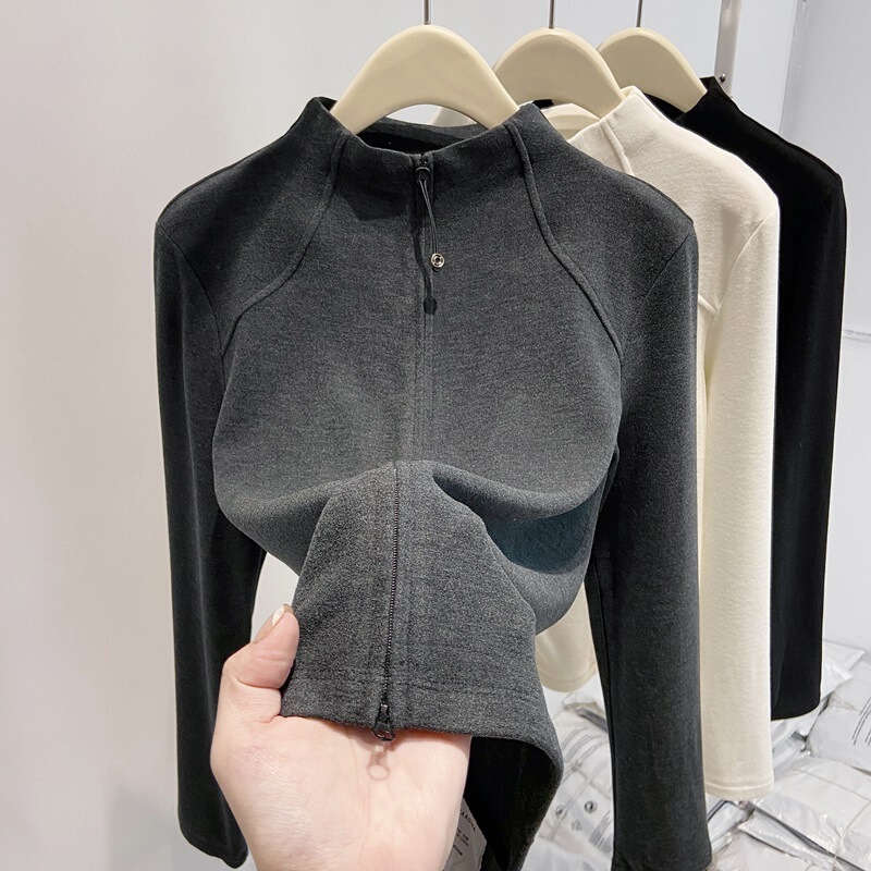 [270 Crochet Velvet] Half Turtleneck Autumn and Winter Bottoming Shirt for Women Double Zipper Cardigan Jacket Slim Sweatshirt Inner