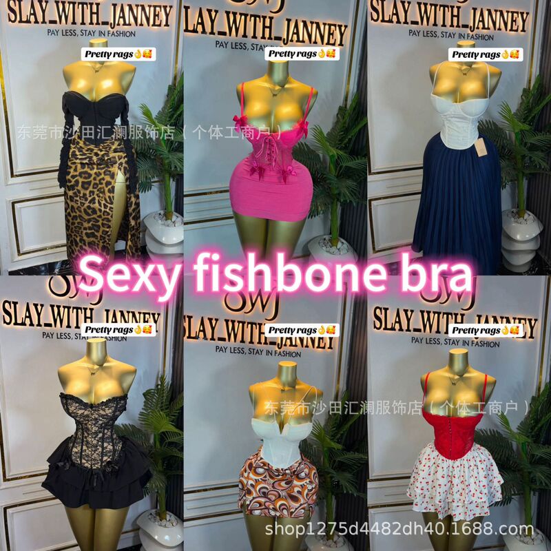Wholesale of European and American-style, sexy fishbone corset tops with soft underwire, waist-cinching design, and asymmetrical hem, available in short camisole styles