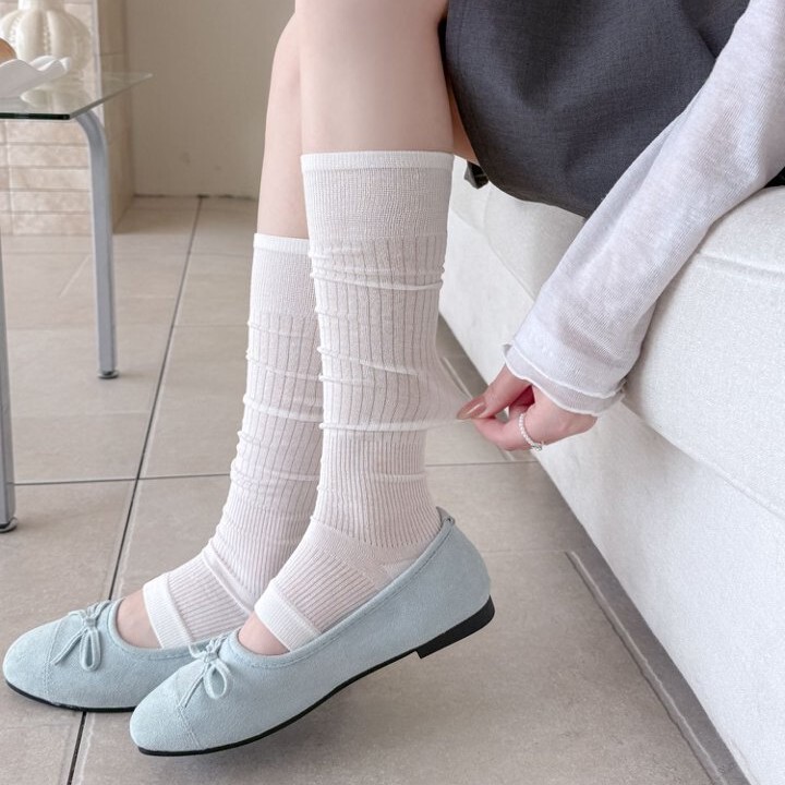 White Vertical-Striped Footless Socks for Women, Spring and Summer Thin Breathable Non-Stuffy Calf Socks, Ballet-Style Slimming Leg Warmers White Vertical-Striped Footless Socks for Women, Spring and Summer Thin Breathable Non-Stuffy Calf Socks, Ballet-Style Slimming Leg Warmers