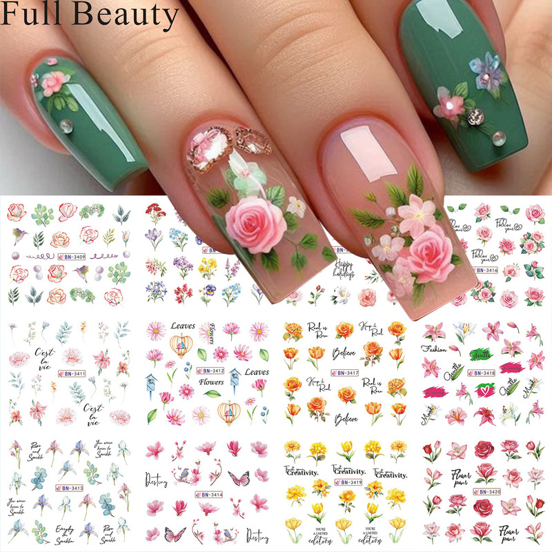 FULL BEAUTY Cross-border New Watermark Nail Art Stickers Spring and Summer Rose Daisy Flowers Nail Art Stickers