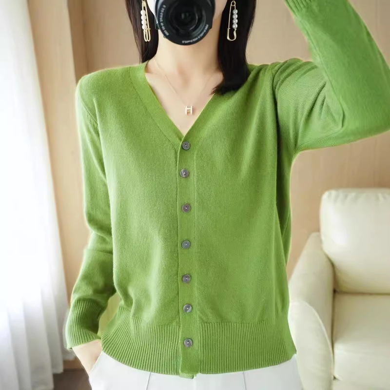 2023 Solid Color Cardigan Jacket for Women, Knitted Outerwear, Short V-Neck Stylish Sweater, Loose Long-Sleeve Top, Trendy and Fresh