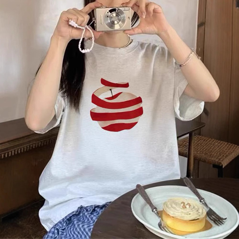 Summer New Niche Apple Print Design Versatile Short-Sleeved T-Shirt Women's Casual Loose Outer Wear Right Shoulder Top