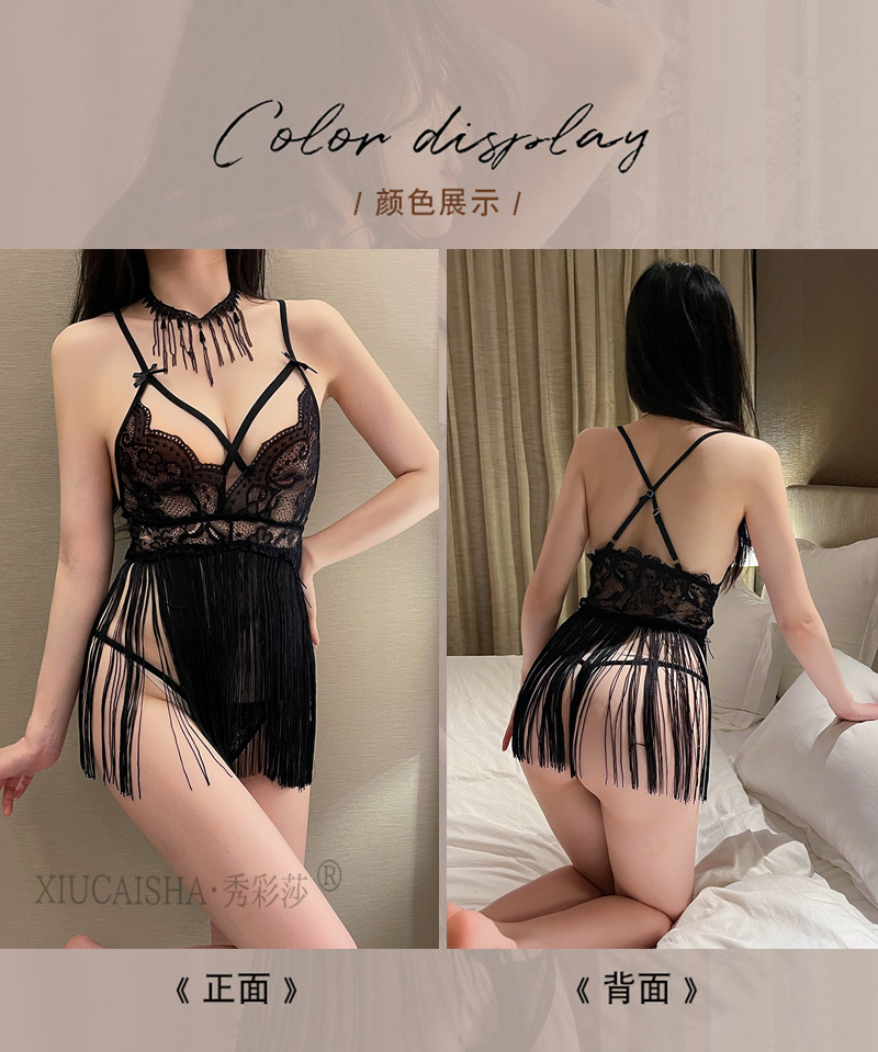 See-Through Lace Babydoll with Tassels, Short Skirt Style, One Size Black — detail image 9