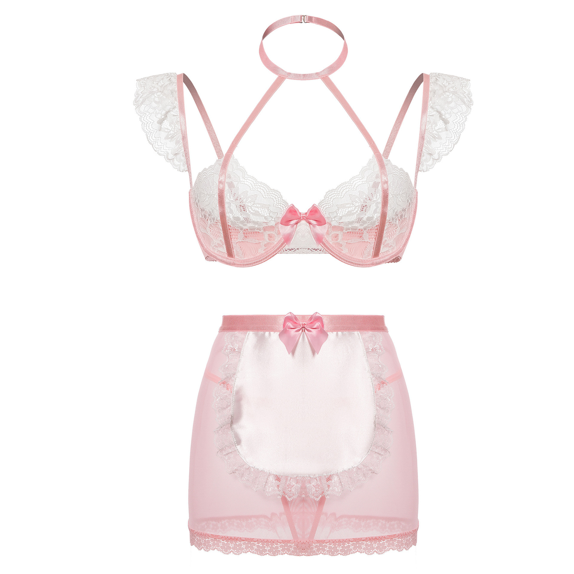 Sexy Dessous, sexy Frauen-BH mit Raffung, Spitzen-BH-Set, Dessous-Dienstmädchen-Outfit mit Stahlring-Verführung_voghion.com