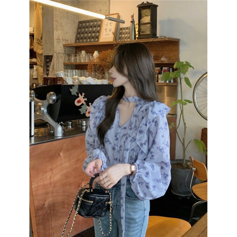 Light and Sophisticated French-Style Women's Shirt with Single-Breasted Ruffled Print, Tie, Versatile Neckline, Floral Elegant Women's Clothing