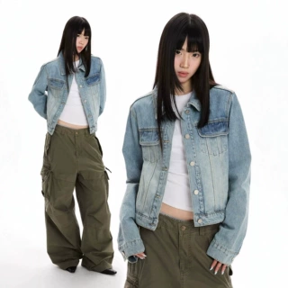 美式复古水洗磨白高级感牛仔外套男女简约宽松做旧短款夹克上衣潮